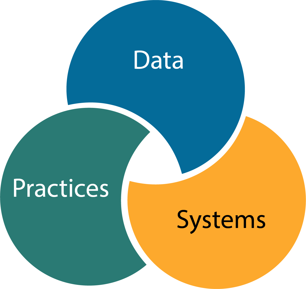 three circle venn diagram that reads data, systems, practices